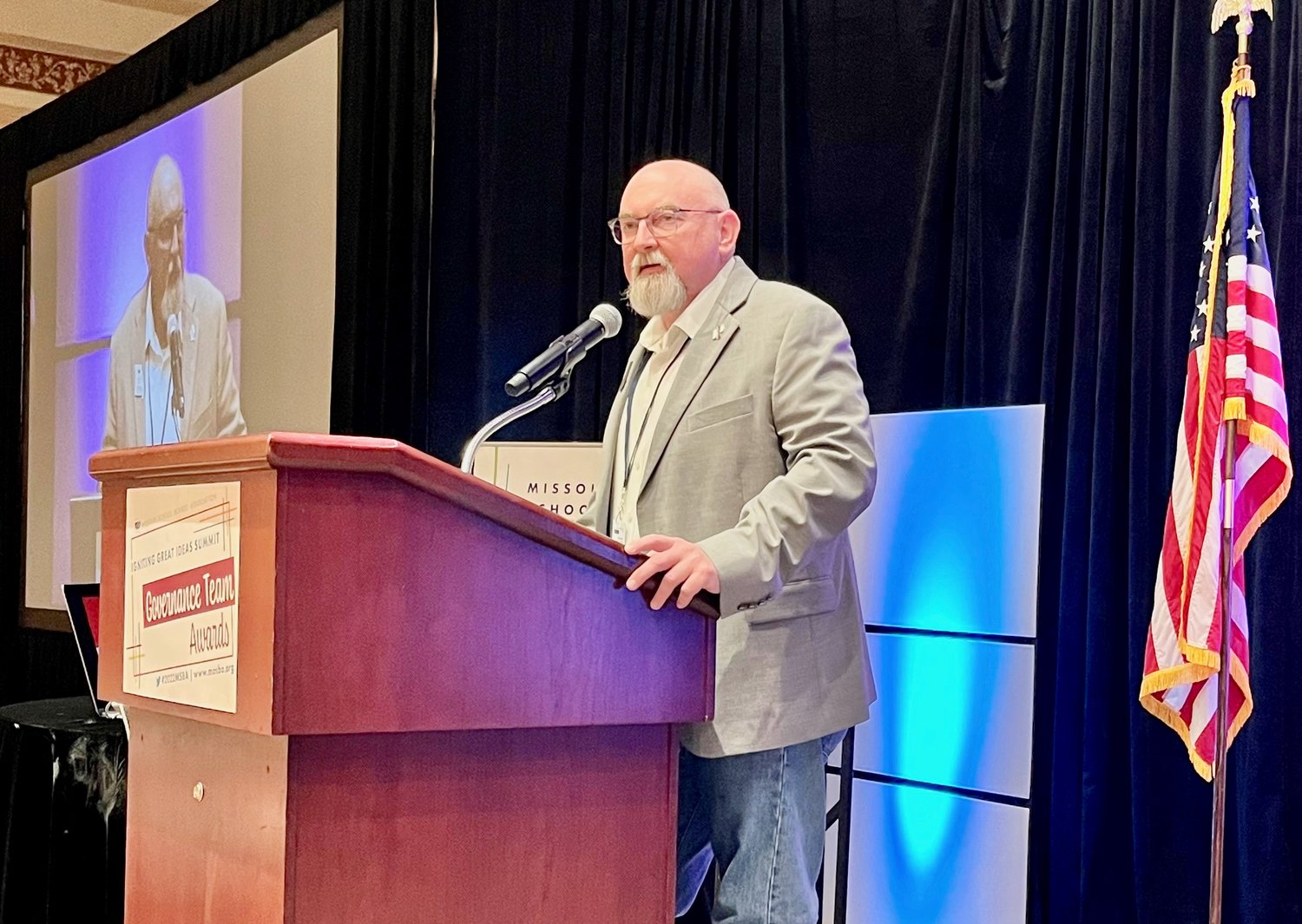 Ray Murphy, newly-elected president of the Missouri School Boards’ Association, addresses fellow board members during the association’s Great Ideas Summit held Friday through Sunday in St. Charles. Murphy is a member of the Richards R-5 School Board in West Plains.